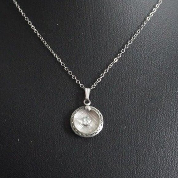 Jewelry - Small Round Pendant Necklace with Center Rhinestone Silver Tone